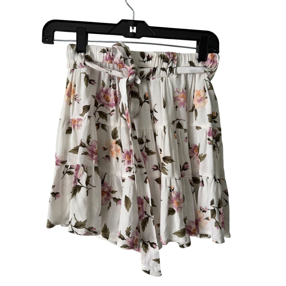 American Eagle Floral Skort Women XS White Pink Paperbag Waist Ruffle Boho